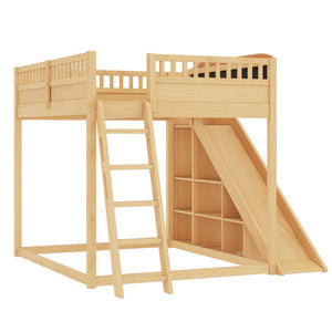 English Elm Queen Loft Bed with Upholstered Headboard Built-in Slide and Open Storage Shelves Natural W1580S00641