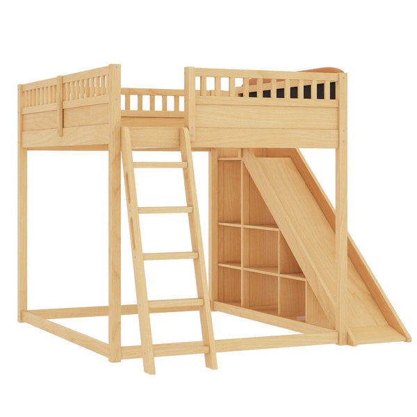 English Elm Queen Loft Bed with Upholstered Headboard Built-in Slide and Open Storage Shelves Natural W1580S00641
