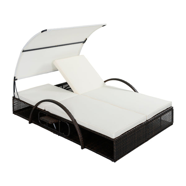English Elm U_style Outdoor Double Sun Lounger Hdpe Wicker Steel Frame with Canopy Pop up Tables Beige WY000485AAA