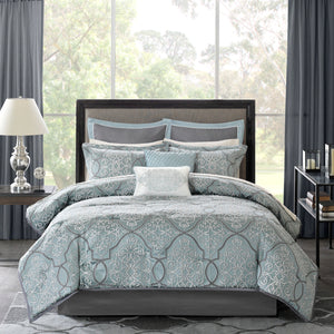 English Elm 12 Piece Comforter Set - Elegant Grey-Blue Jacquard With Cotton Sheets & Decorative Pillows King Size B03596807