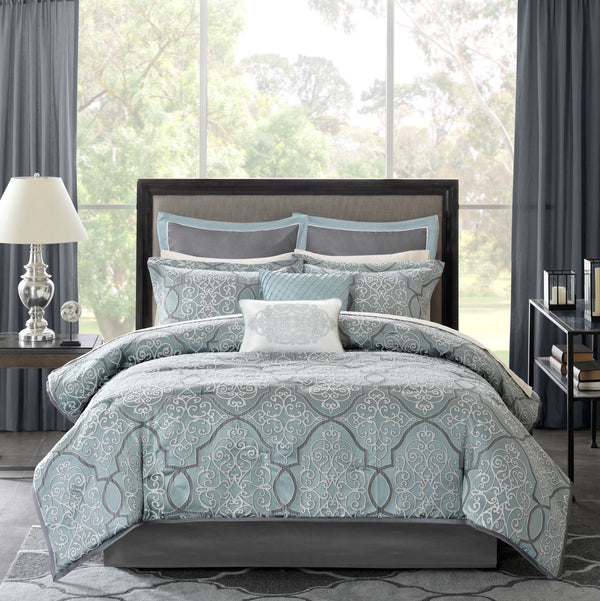 English Elm 12 Piece Comforter Set - Elegant Grey-Blue Jacquard With Cotton Sheets & Decorative Pillows King Size B03596807