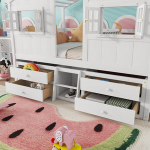 English Elm Full Size House Loft Bed With Roof & Windows, 4 Storage Drawers, Pine Wood, Safe Guardrails & Ladder W504S00242