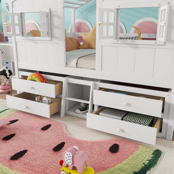 English Elm Full Size House Loft Bed With Roof & Windows, 4 Storage Drawers, Pine Wood, Safe Guardrails & Ladder W504S00242