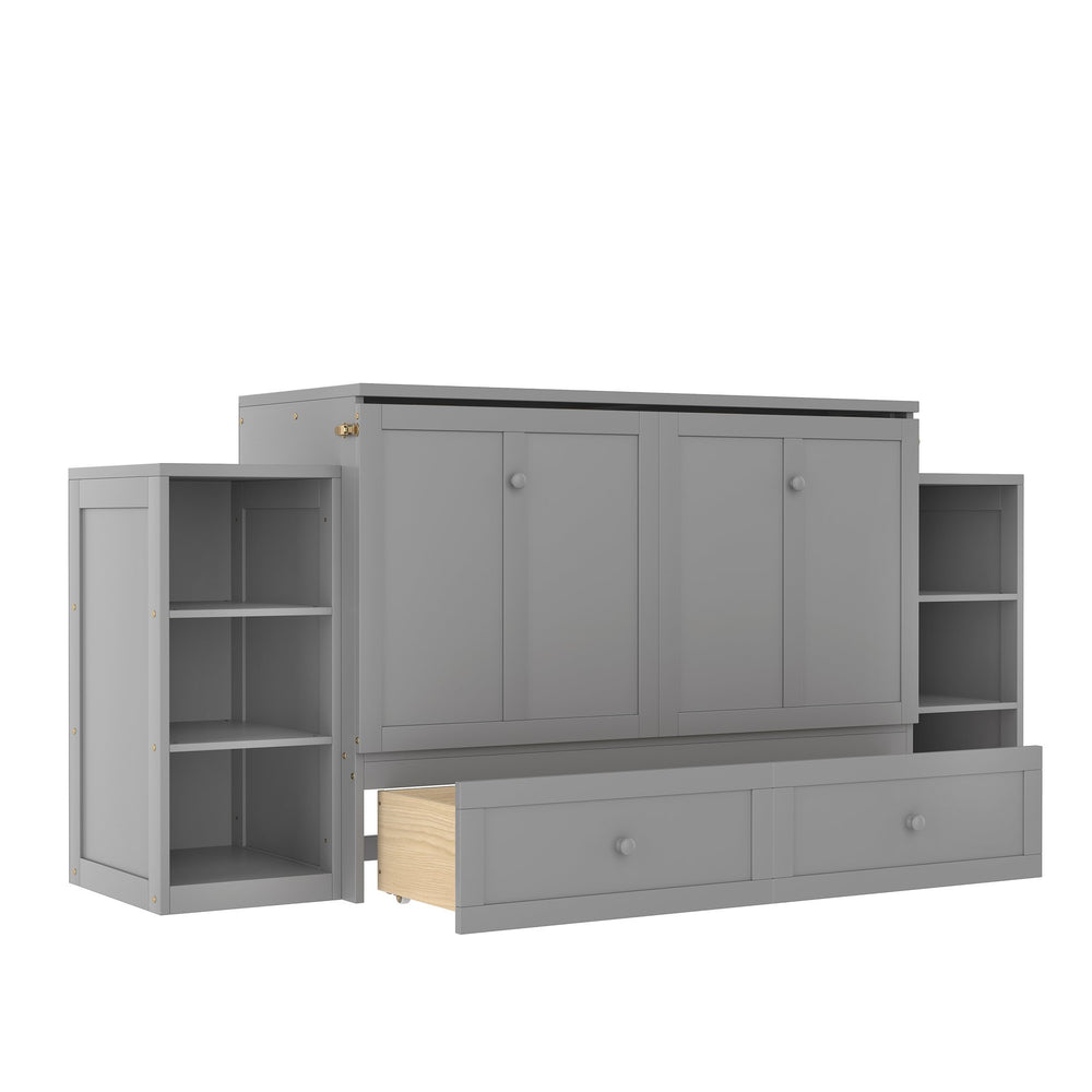 English Elm Full Size Murphy Bed With Stylish Light Gray Finish, Spacious Storage Drawers & Shelves For Versatile Spaces W1580S00252