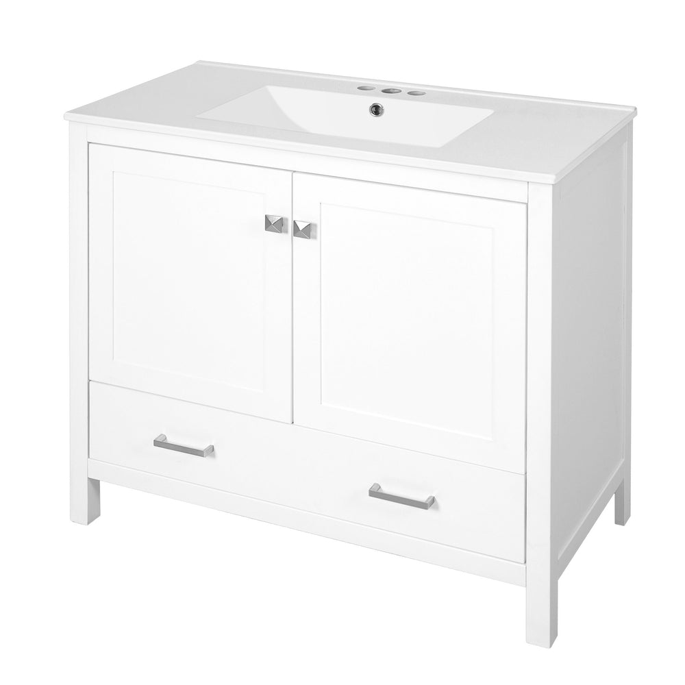English Elm 36" White Bathroom Vanity with Ceramic Sink, Soft-Close Doors, Divided Drawer & Double Shelves for Organized Modern Bathrooms N729P276609K