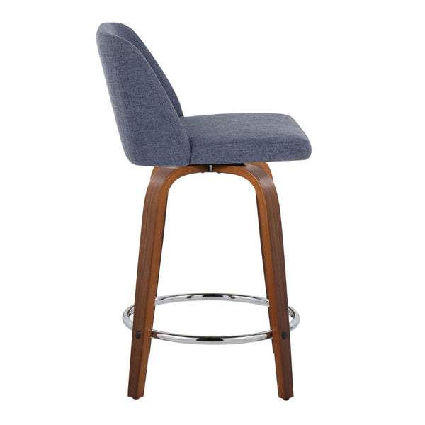 English Elm Toriano 24" Mid-Century Modern Counter Stool Set Of 2 – Swivel Blue Fabric With Walnut Legs & Chrome Footrest B202S00102-GIGA