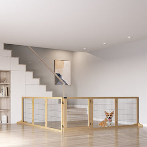 English Elm Pawhut Pinewood Freestanding Pet Gate Six Foldable Panels Locking Door for Dogs W2225P217311