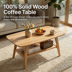 English Elm Mid Century Modern Solid Oak Two Tier Coffee Table with Open Shelf for Living Room Wood W3204P469106