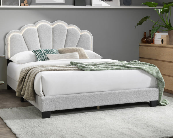 English Elm White Queen Wool Fabric Platform Bed with Scalloped Tufted Headboard, LED Lighting, Fully Upholstered Elegance B011P238976
