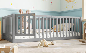 English Elm Twin Floor Bed Pine Wood Frame with Guardrails and Door for Safe Toddler Sleep Gray W1580P418051