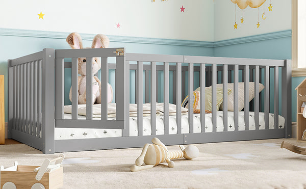 English Elm Twin Floor Bed Pine Wood Frame with Guardrails and Door for Safe Toddler Sleep Gray W1580P418051