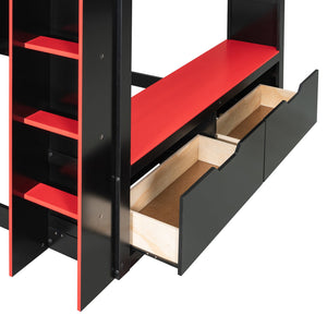 English Elm Full Size Loft Bed with Rgb Lighting Desk Drawers Hanging Rod Teen Bedroom Red LT000288AAJ-1