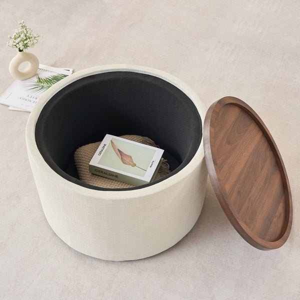 English Elm Ball Cast Round Nesting Ottoman Set Linen Upholstered Hidden Storage with Wooden Tray Beige W3163P379373