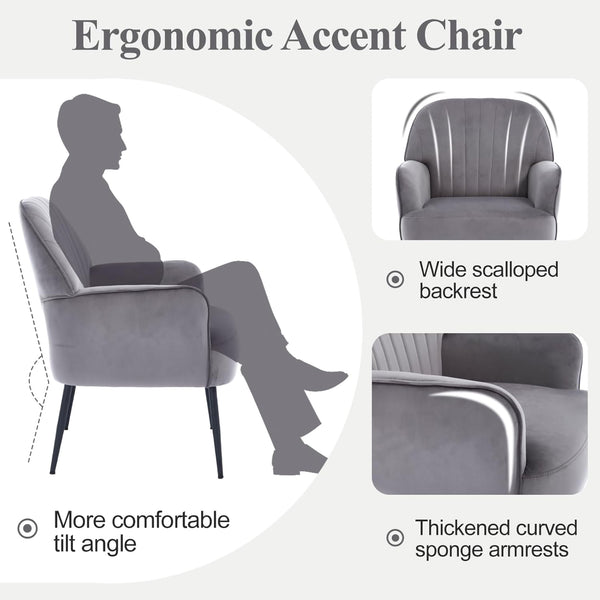 English Elm Velvet Barrel Accent Chair Tufted Shell Back with Metal Legs for Living Room Grey W5722P462512