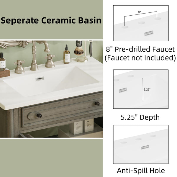 English Elm Christopher Knight Home® - 30 Inches Vintage Bathroom Vanity With Sink – Rustic Gray Cabinet, Soft-Close Doors & Ceramic Top N817P299472G