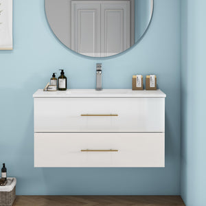 English Elm 36-Inch Modern Wall-Mounted Bathroom Vanity With Ceramic Sink, Gold Handle, Easy Installation & Storage W3151S00055