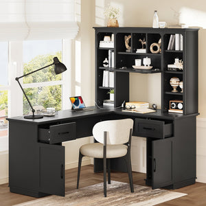 English Elm L-shaped computer desk with ample storage 11 shelves, 3 cabinets, 2 drawers, flip-up shelf for workspaces Black W1580S00189