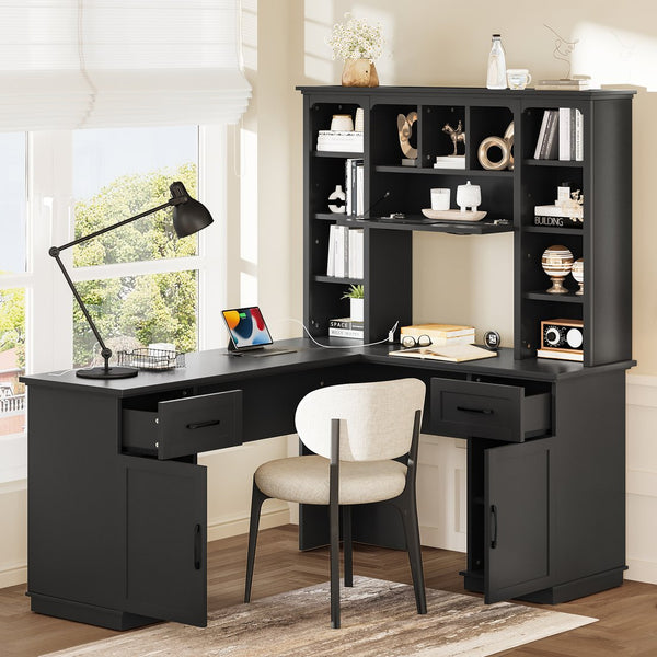 English Elm L-shaped computer desk with ample storage 11 shelves, 3 cabinets, 2 drawers, flip-up shelf for workspaces Black W1580S00189