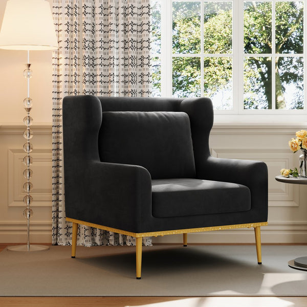 English Elm Modern Velvet Accent Chair Curved Arms Plush Cushion Upholstered Seat for Living Room Black N763P360686B
