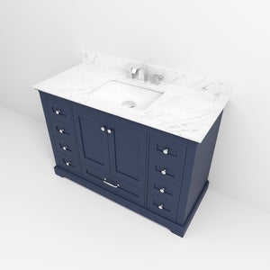 English Elm Navy Single Bath Vanity 48" W x 22" D with Carrara Marble Top, Soft-Close Drawers & Chrome Faucet Set B2731P258357
