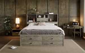 English Elm Queen Platform Bed with Built-In Headboard Storage and 8 Drawers, Solid Wood MDF, Sturdy Design Gray GX000453AAE