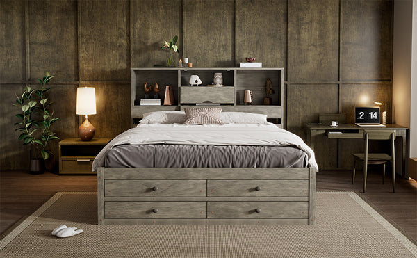 English Elm Queen Platform Bed with Built-In Headboard Storage and 8 Drawers, Solid Wood MDF, Sturdy Design Gray GX000453AAE