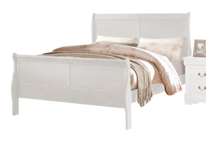 English Elm White Sleigh Bed with Built-In Casegood Drawer, Brushed Nickel Hardware, Solid Pine Elegance B062S00539
