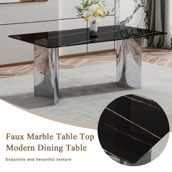 English Elm Table Set With 8 Modern White Pu Chairs - Sleek Imitation Marble Top & Durable Stainless Steel Legs W1151S04189-GIGA