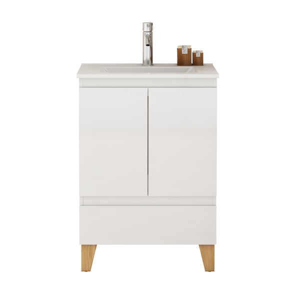 English Elm 24-inch Glossy White Bathroom Vanity Combo with Ceramic Sink and Solid Wood Feet W3151S00066