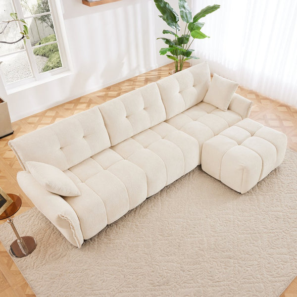 English Elm Three Seater Chenille Sofa with Ottoman Solid Wood Base Tufted Arms Living Room White W714S01653