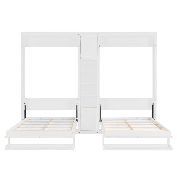 English Elm Dual Twin Wall Murphy Beds with Storage Tower Shelves for Kids or Guest Rooms White N820S00058K-1