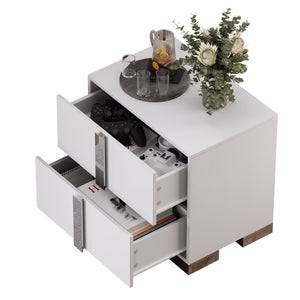 English Elm Modern Two Drawer Nightstand with Slim Metal Legs and Mirrored Bar Handles for Bedroom White W5271P416538