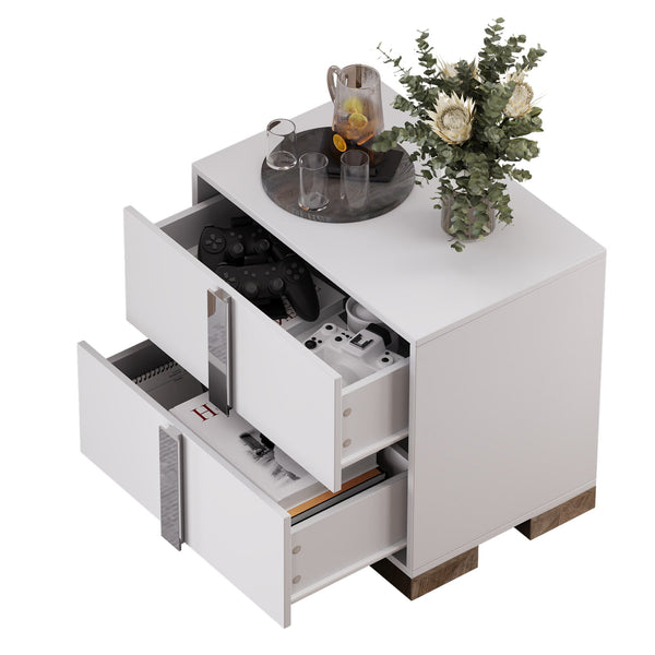 English Elm Modern Two Drawer Nightstand with Slim Metal Legs and Mirrored Bar Handles for Bedroom White W5271P416538