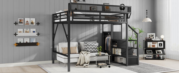 English Elm Queen Metal Loft Bed with Staircase Wardrobe and Shelves for Teens Adults W2580S00090