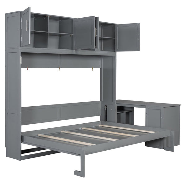 English Elm Queen Size Wall Murphy Bed With Desk, Storage Cabinets & Hydraulic Lift – Elegant Gray Design N820S10034E-GIGA