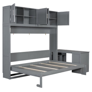 English Elm Queen Murphy Bed with Fold Down Desk Hydraulic Lift Storage Cabinets White N820S10034E-1
