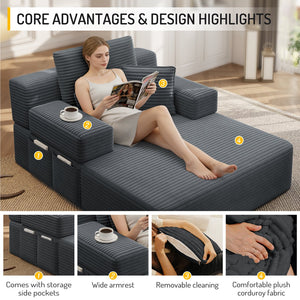 English Elm Luxurious Corduroy Convertible Chaise Lounge Sofa Bed with Foam Support for Apartments Dark Gray W3219P449014