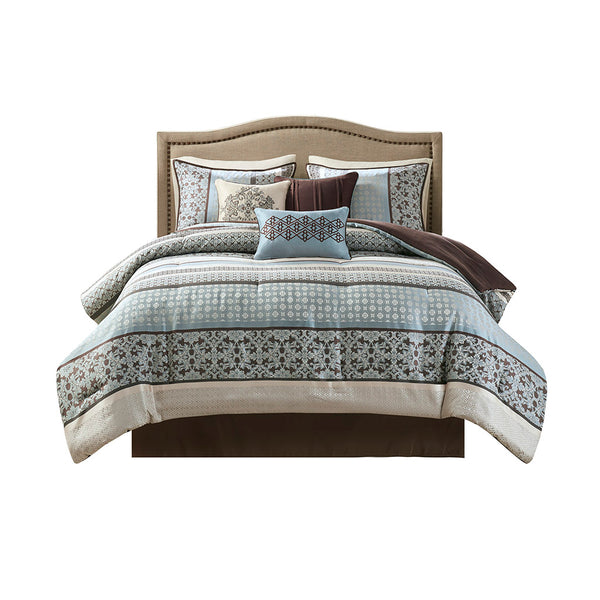 JLA Home Madison Park - 7 Piece Comforter Set King Layered Jacquard & Brushed Reversible Bedding with Embroidered Accent Pillows MP10-696