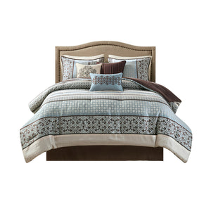 JLA Home Madison Park - 7 Piece Comforter Set with Jacquard Damask & Geometric Textures, Embroidered Pillows, Machine Washable Blue MP10-695