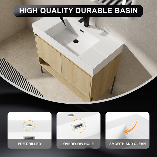 English Elm 36" Bathroom Vanity Combo With Resin Sink, Oak Finish, Stylish Storage & Easy Assembly For Modern Homes W1972S00009