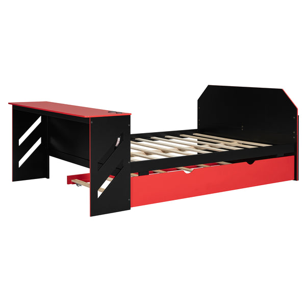 English Elm Full Size Wood Daybed with Twin Trundle Desk and Usb Charging for Teen Rooms Red LT000262AAR