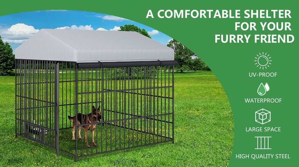 English Elm Large Outdoor Dog Kennel Heavy Duty Iron Run with Waterproof Canopy and Feeding Bowls W1820P321938