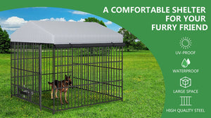 English Elm Large Outdoor Dog Kennel Heavy Duty Iron Run with Waterproof Canopy and Feeding Bowls W1820P321938
