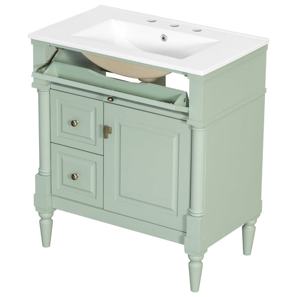 English Elm 30" Freestanding Bathroom Vanity Rubberwood Frame Ceramic Sink Flip Drawer Storage Green N725P356062F