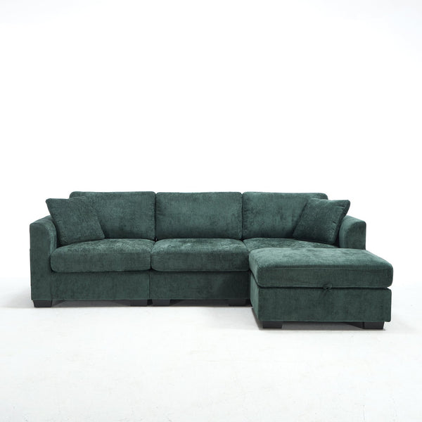 English Elm Modern Chenille L-shaped Sectional with Usb Charging Ottoman Storage Living Room Couch Green W2120S00017