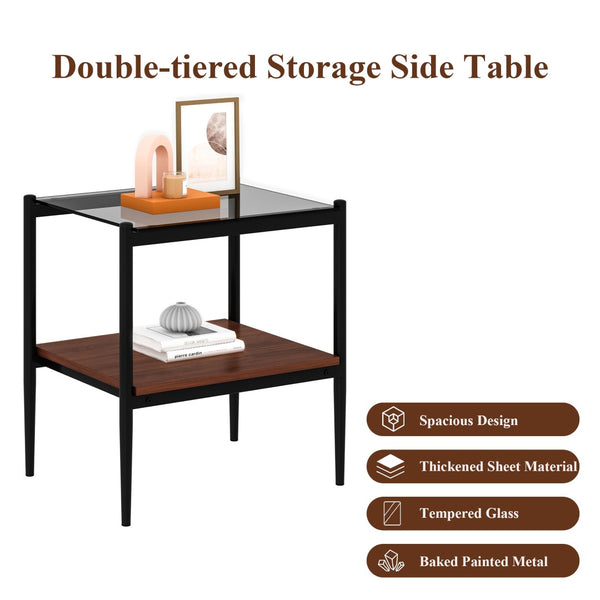 English Elm Set Of 2 Modern Rectangle End Tables With Gray Glass Top, Mdf Storage Shelf & Sturdy Iron Legs W241P184249-GIGA