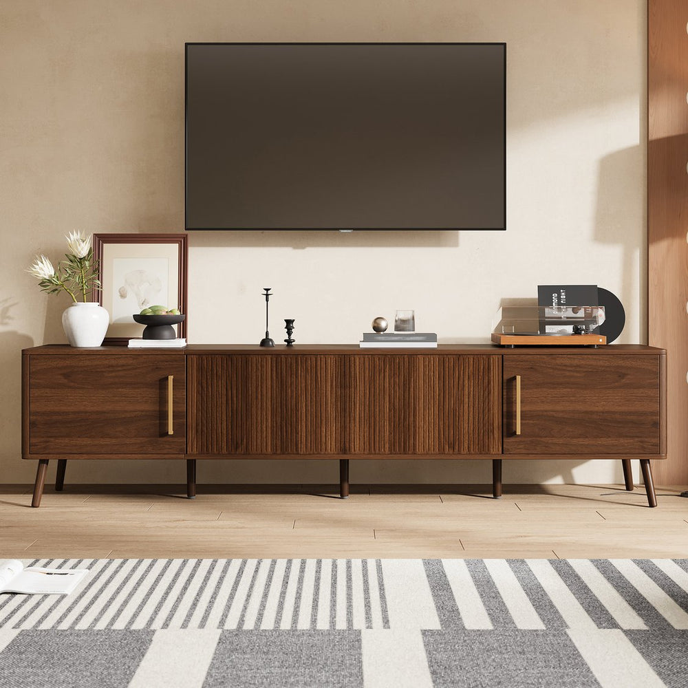 English Elm 78 Inch Walnut Entertainment Center Fluted Doors Solid Wood Legs for Living Room N710P372559P