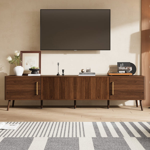 English Elm 78 Inch Walnut Entertainment Center Fluted Doors Solid Wood Legs for Living Room N710P372559P