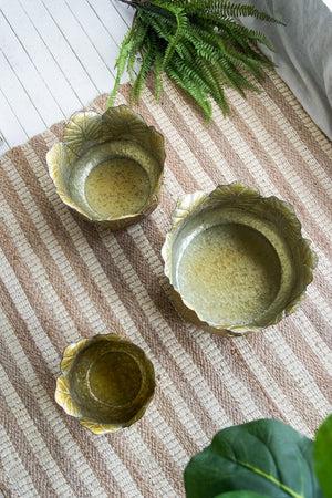 English Elm Set of 3 Zinc Metal Planters with Distressed Golden Finish for Indoor Outdoor Display W2078P499530