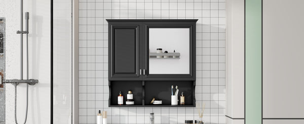 English Elm 30 30 Inch Mirror Medicine Cabinet with Half-Moon Design, Soft-Close Hinges, Open Shelf & Solid-Wood Frame Black N710P322812B